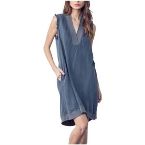 Maven West Tencel Sleeveless Tunic Dress Large Blue Raw Hem Made in USA